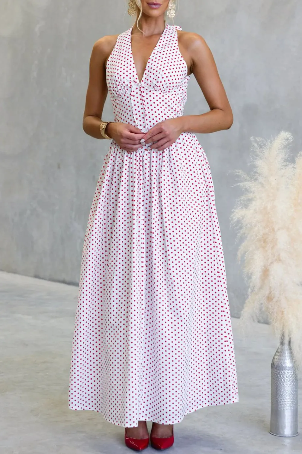 Classic Halter Polka-Dot Maxi Dress