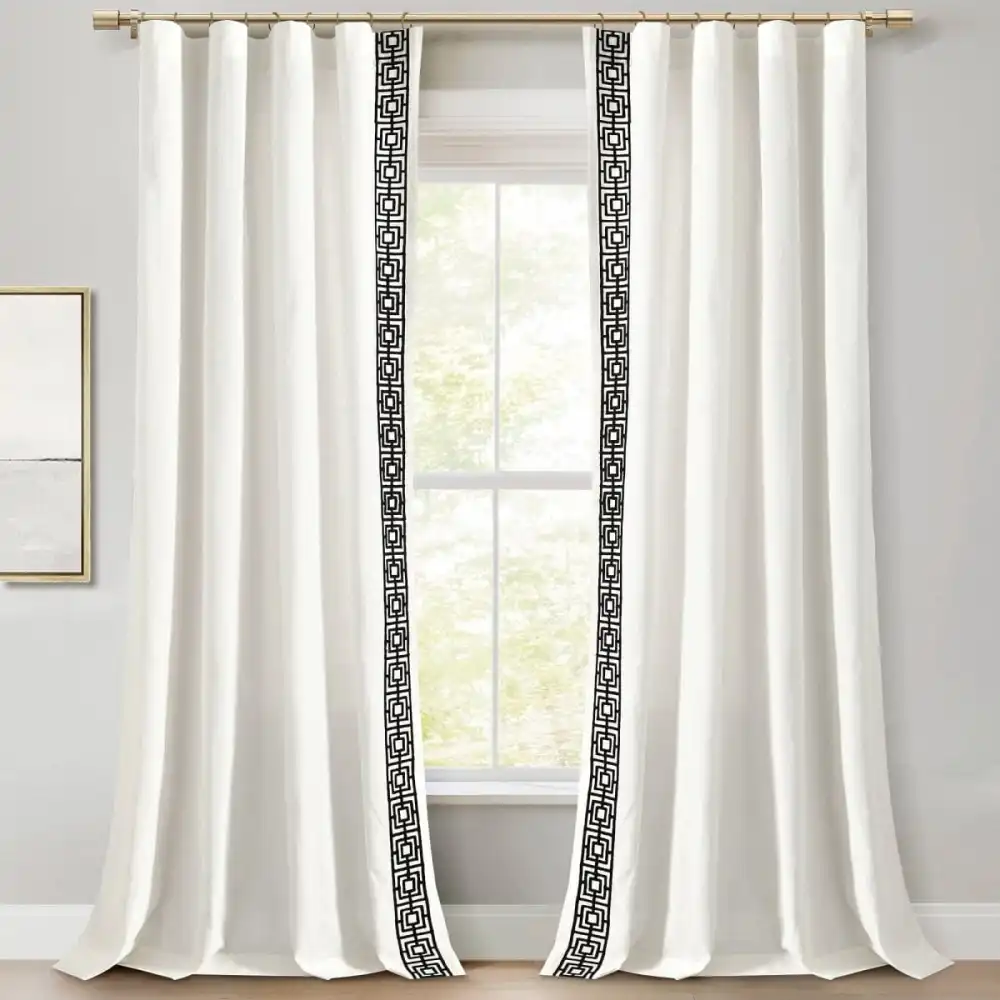 Farmhouse Geometric Faux Linen Rod Pocket Embroidery Curtain Panel
