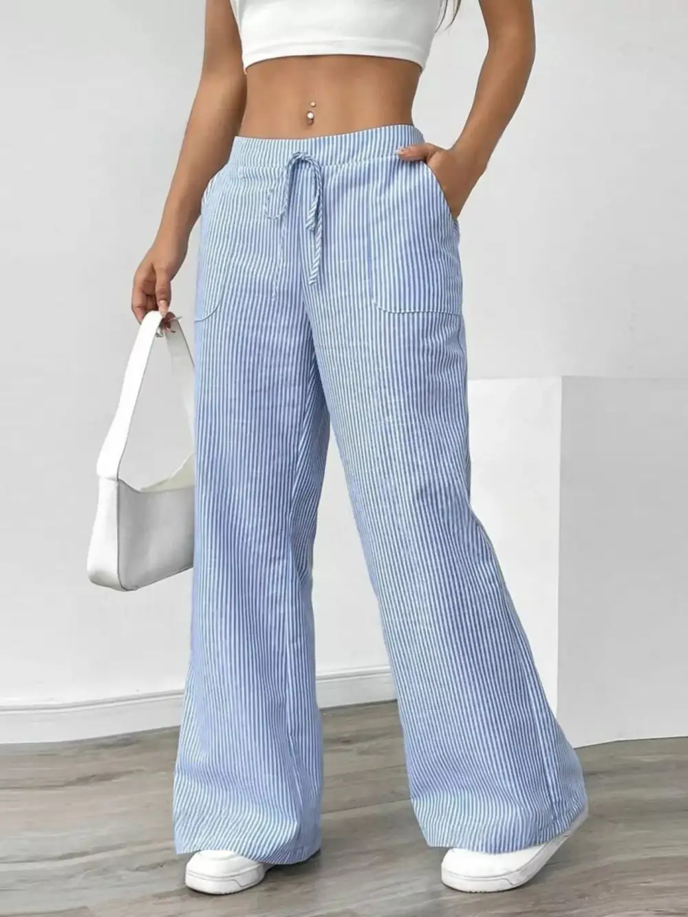 Wide Leg Striped Pocketed Casual Pants