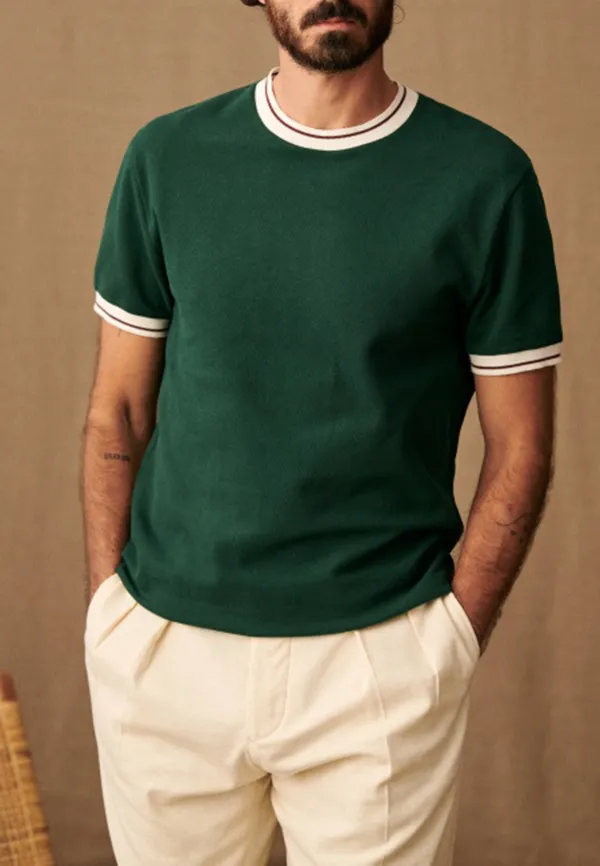 Dark Green Ringer Crew Neck Casual T-Shirt