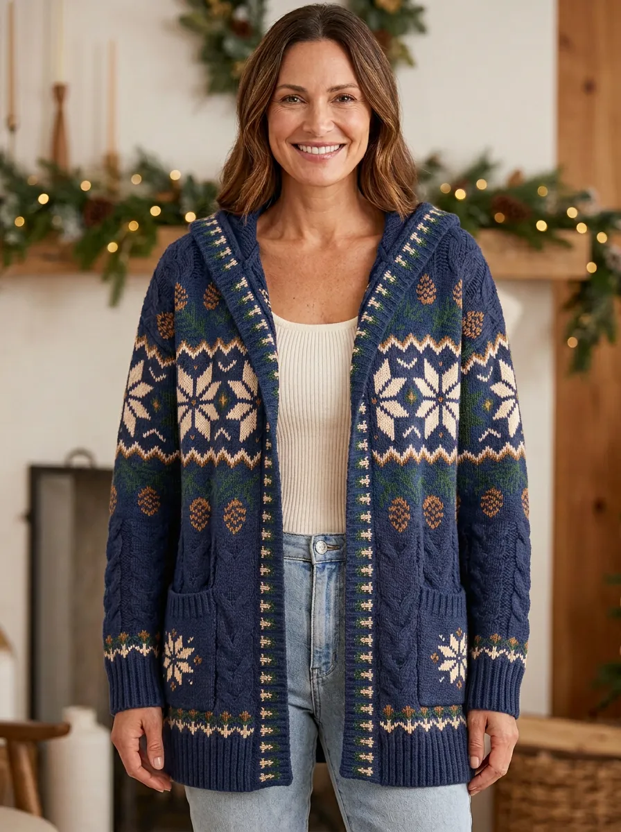 Festive Christmas Snowflake Pinecone Pattern Knit Hooded Cardigan