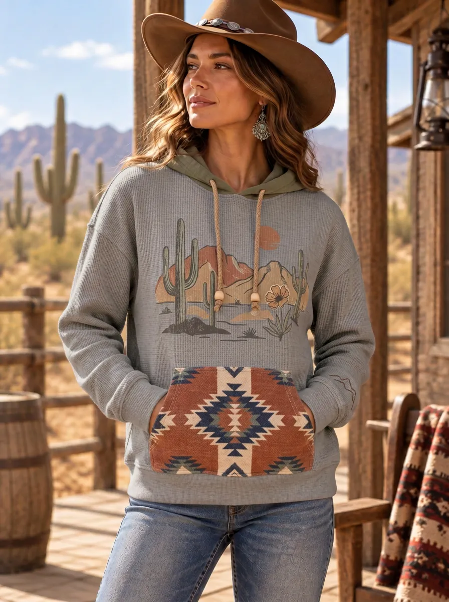 Women's Western Beige Desert Graphic Waffle-Knit Hoodie