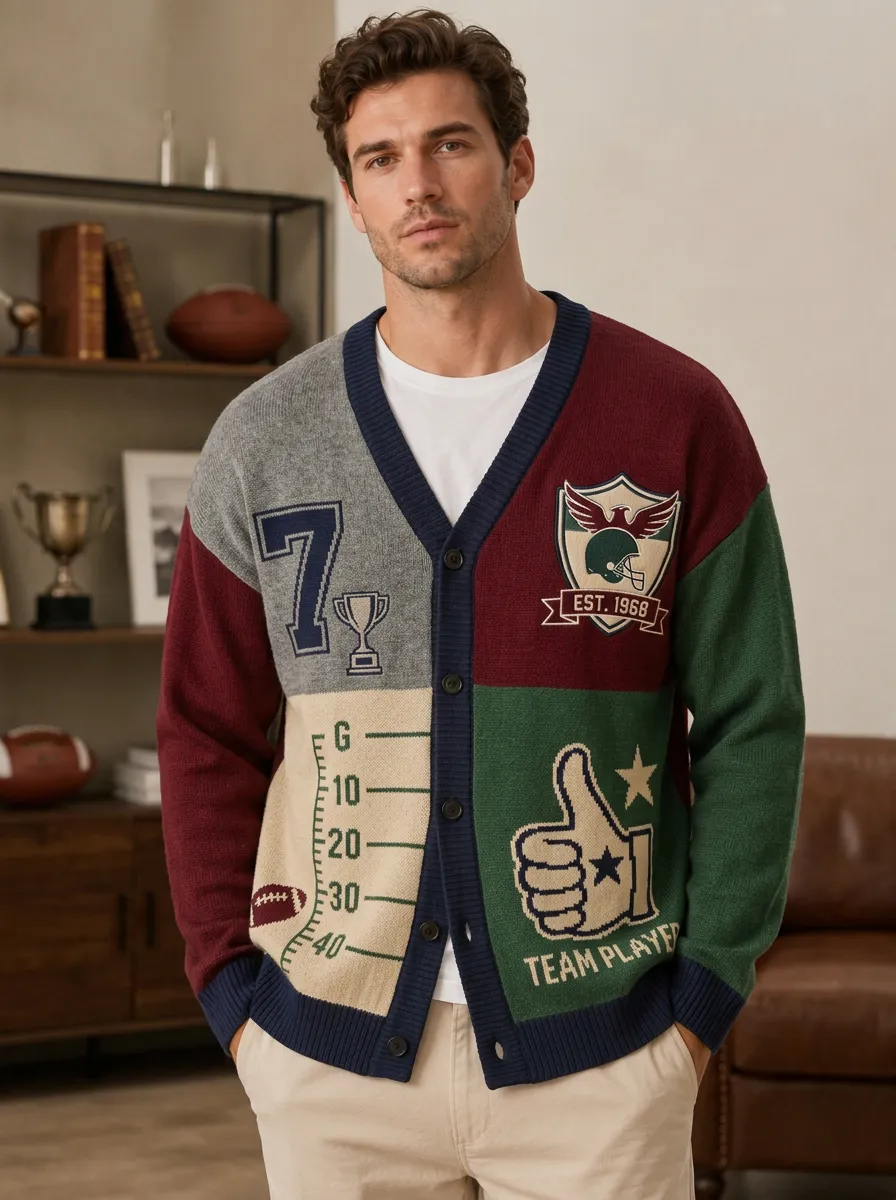 Men's Football Patchwork Knit Knit Cardigan