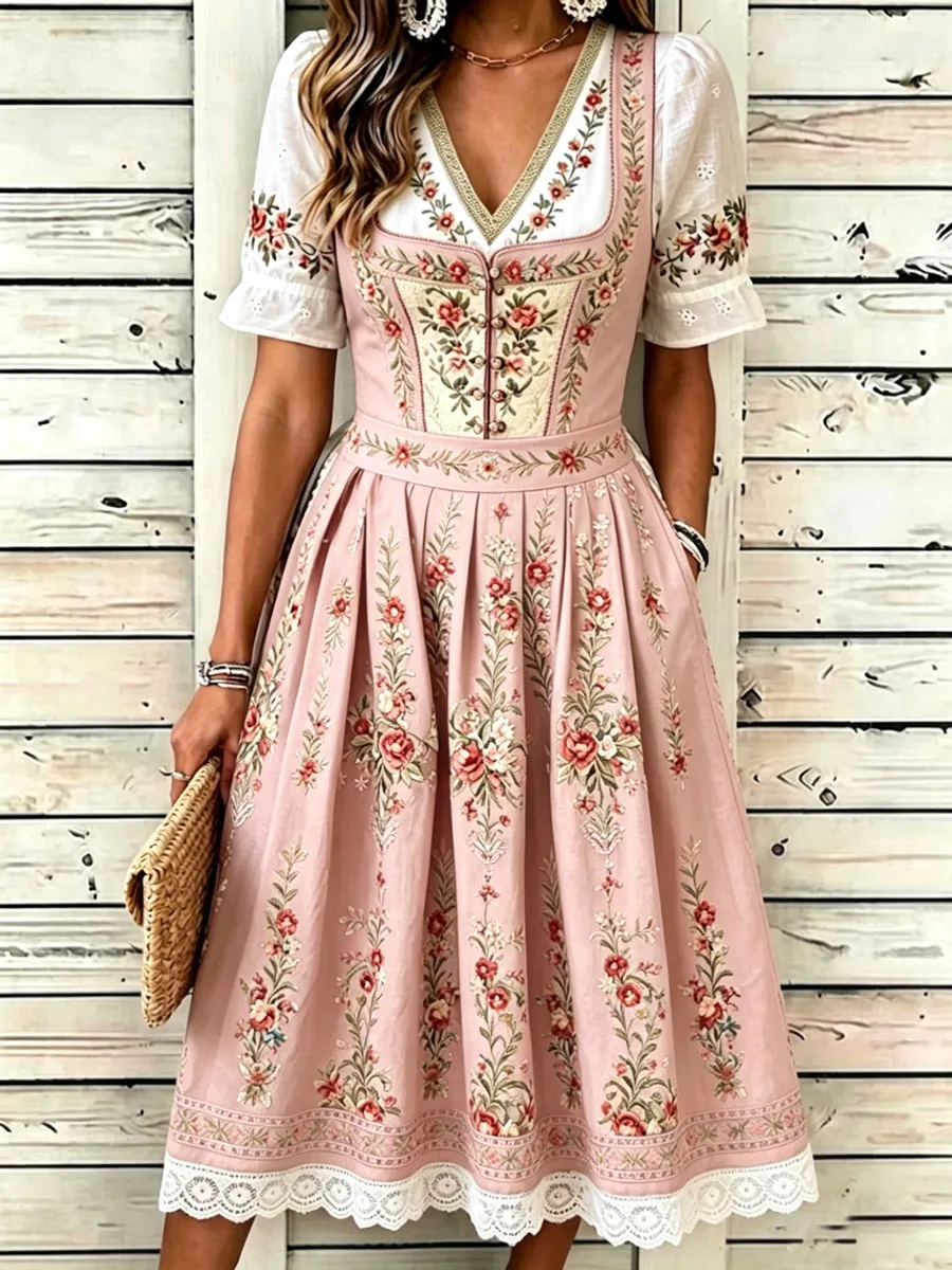 Women'S German Bavarian Vintage Floral Dress