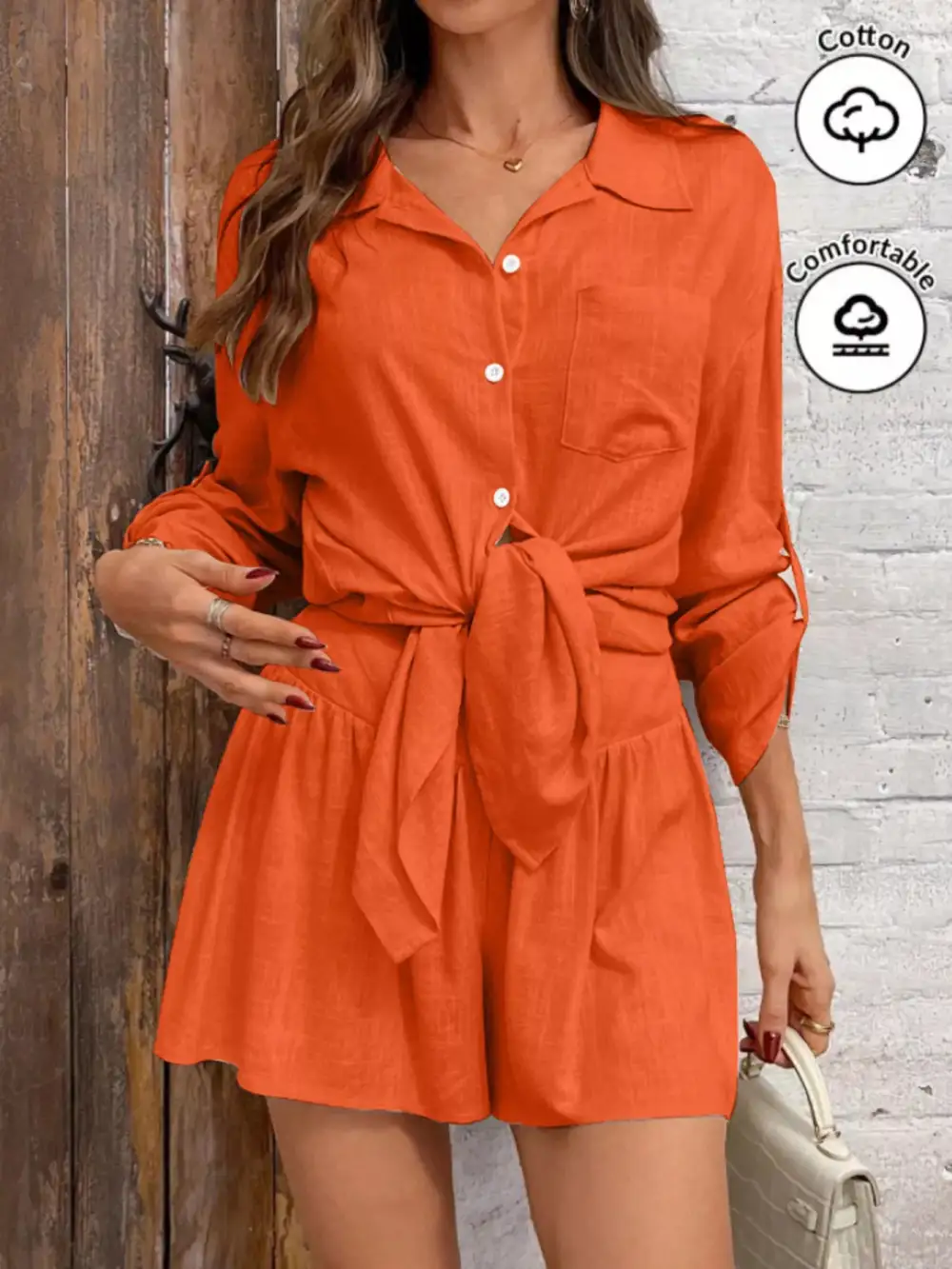Button Up Roll Up Sleeve Shirt Shorts Set