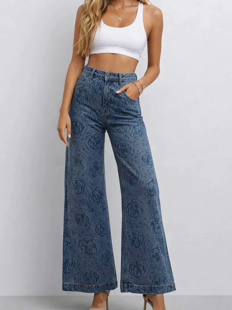 Jacquard Jeans Button Waist Wide Leg Denim Pants