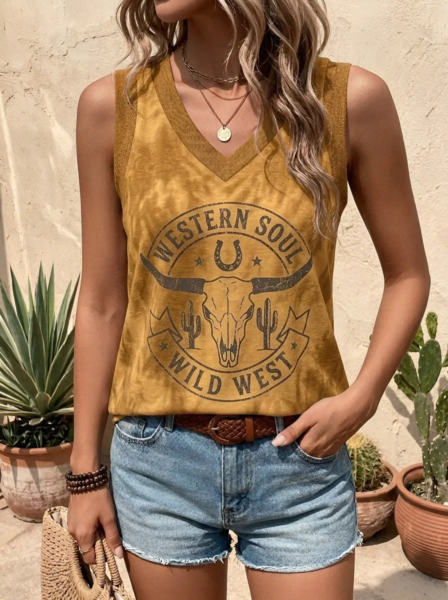Women's Western Soul Wild West Cow Skull Printed V-Neck Tank Top