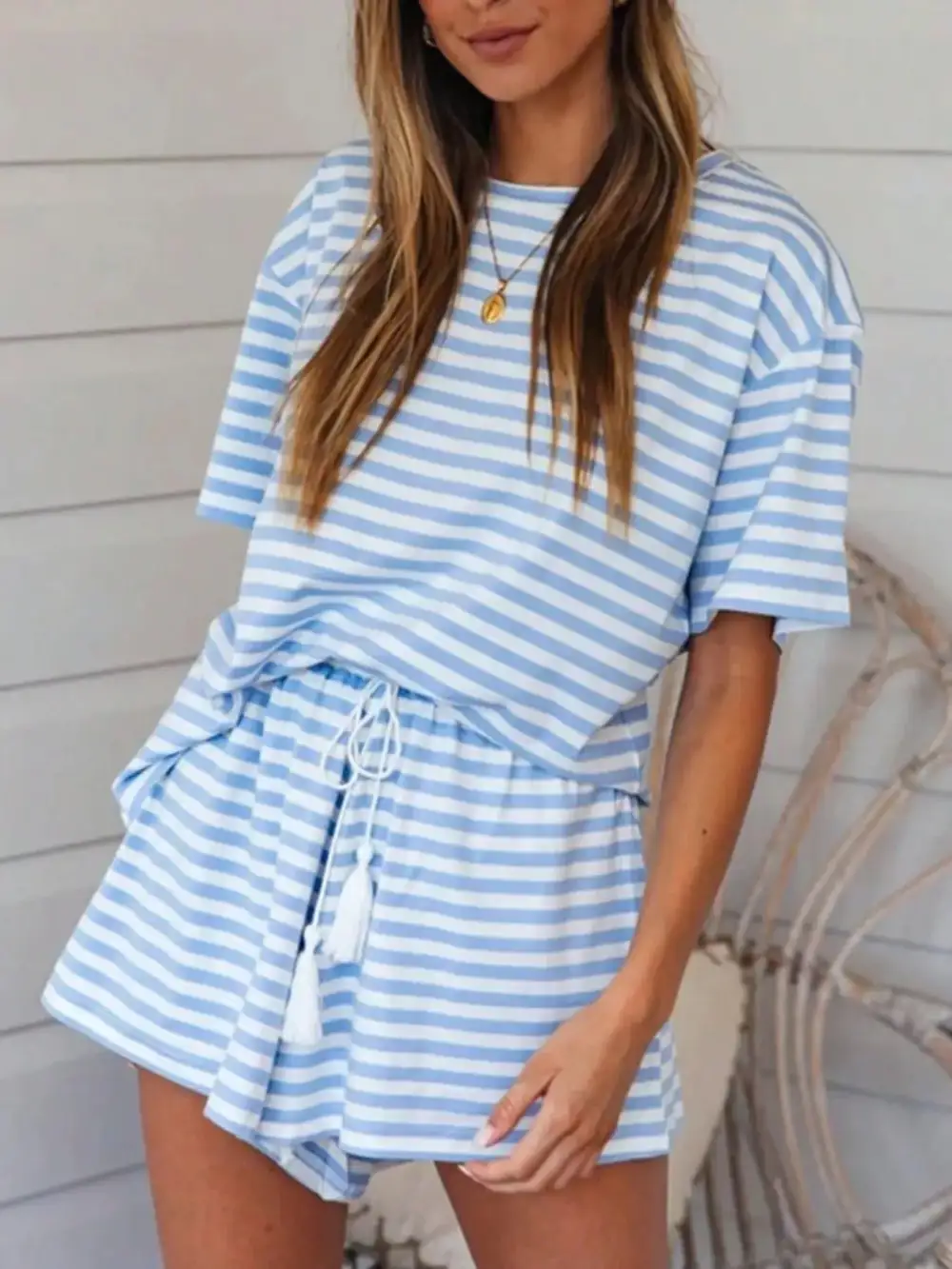 Striped Short Sleeve Tee Drawstring Shorts Set