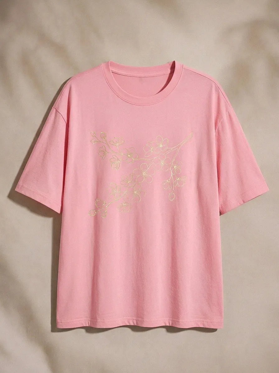 Unisex Nature Lover Cherry Blossom Line Art Printed T-shirt