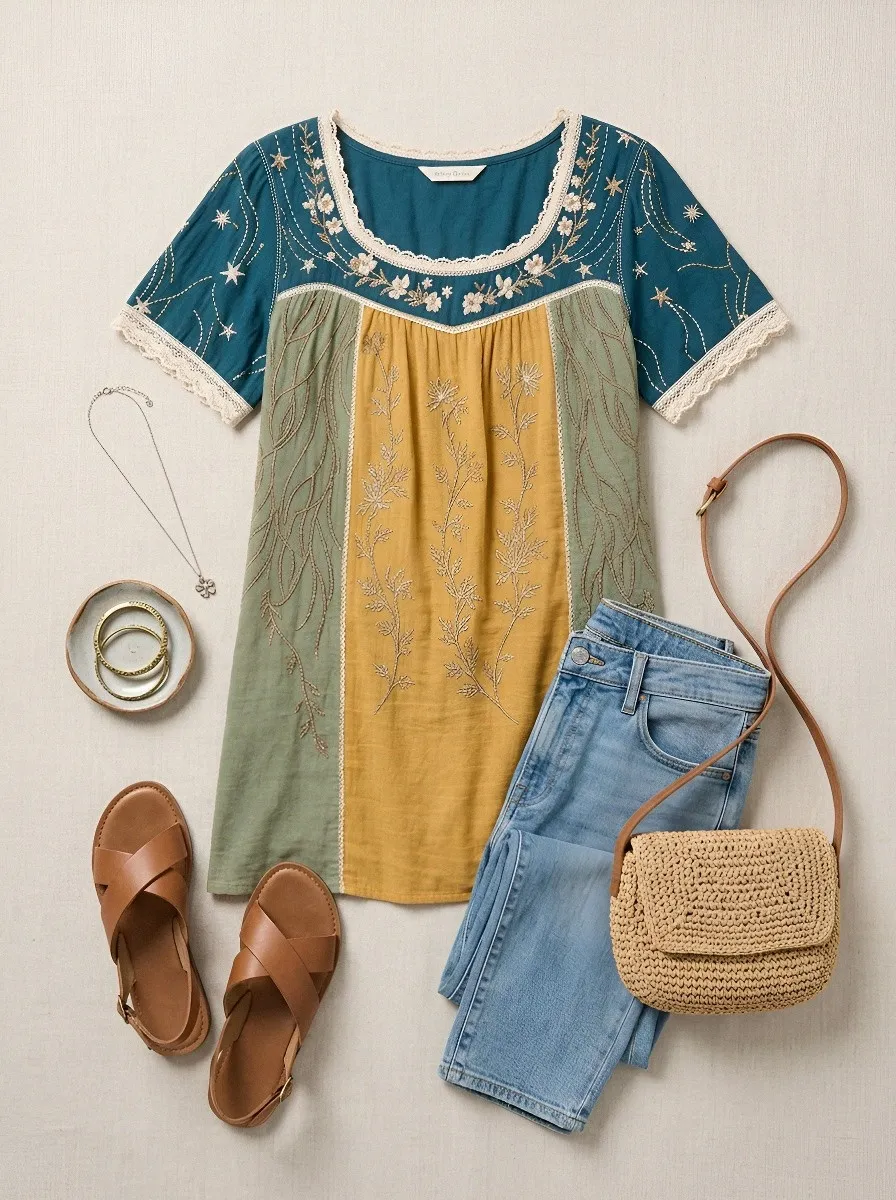 Women's Boho Floral Star Embroidered Printed Short Sleeve T-shirt