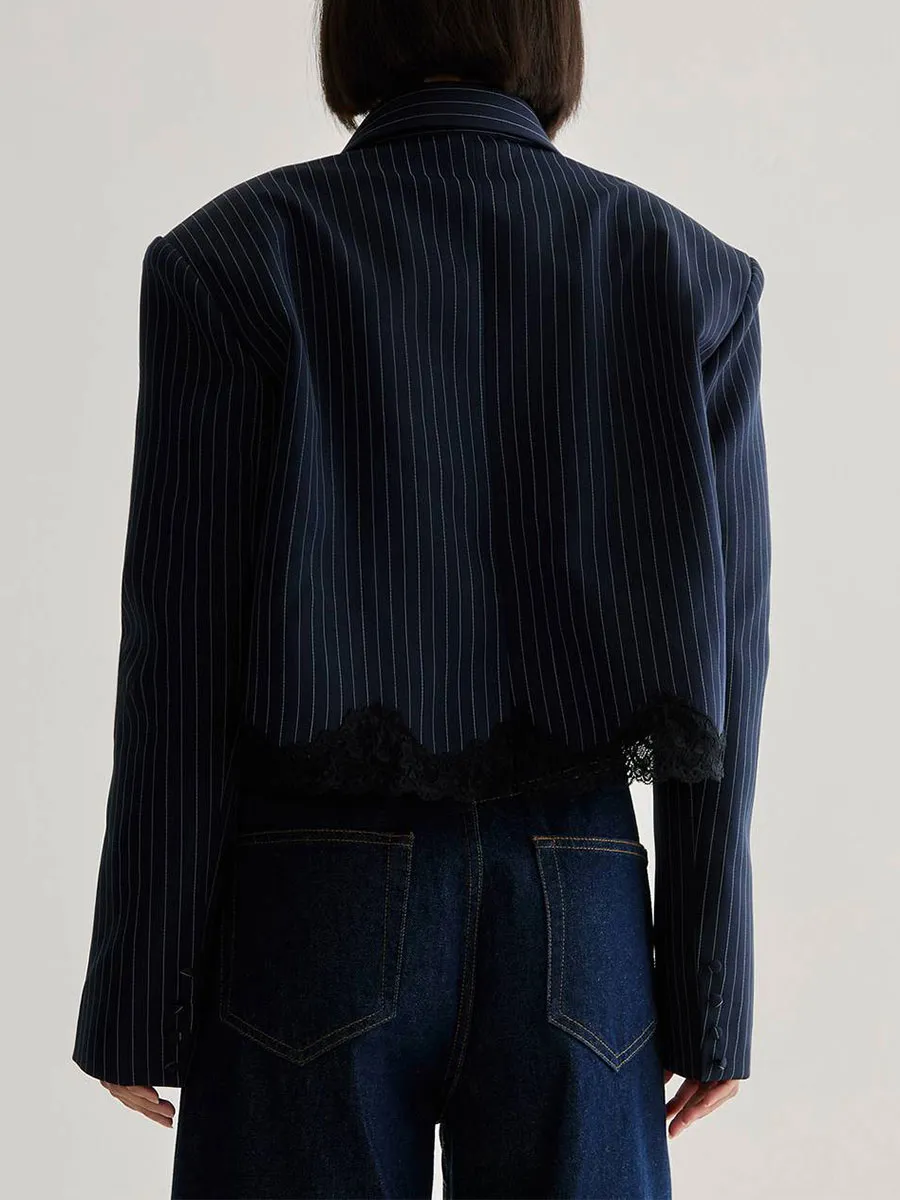 Women's Navy Striped & Lace-Paneled Cropped Shirt