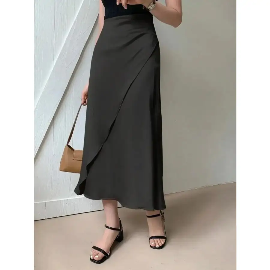 Asymmetric Wrap Midi Skirt with Fluted Hem
