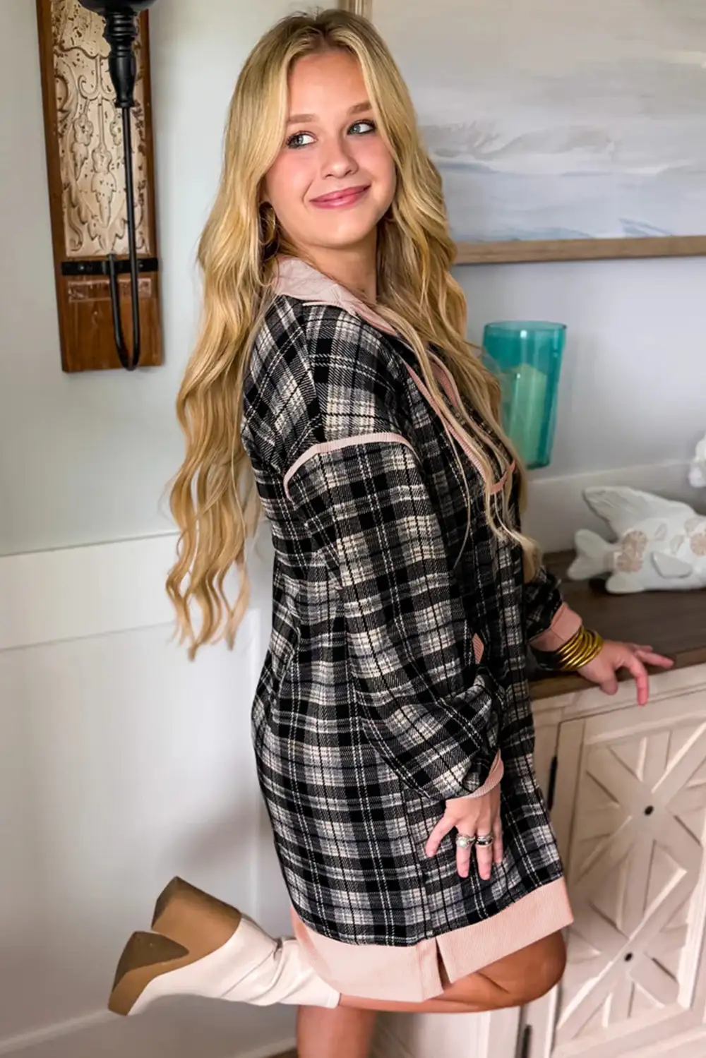 Lightweight Feel Plaid Zip Front Long Sleeve Mini Dress