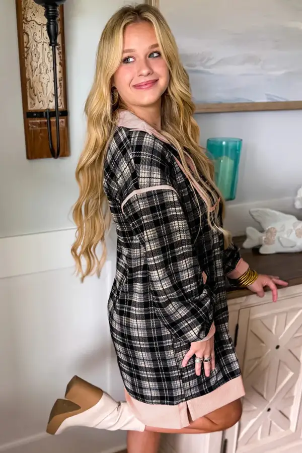 Lightweight Feel Plaid Zip Front Long Sleeve Mini Dress