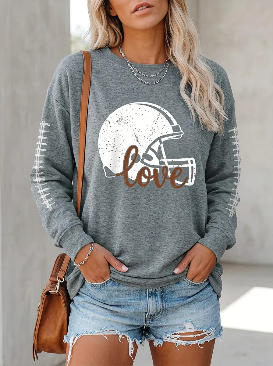 Women's Classic Gridiron Helmet Ball Love Crewneck Long Sleeve T-Shirt