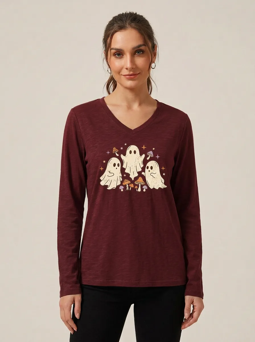 Women's Halloween Ghost Mushroom Printed V-neck Long Sleeve Top