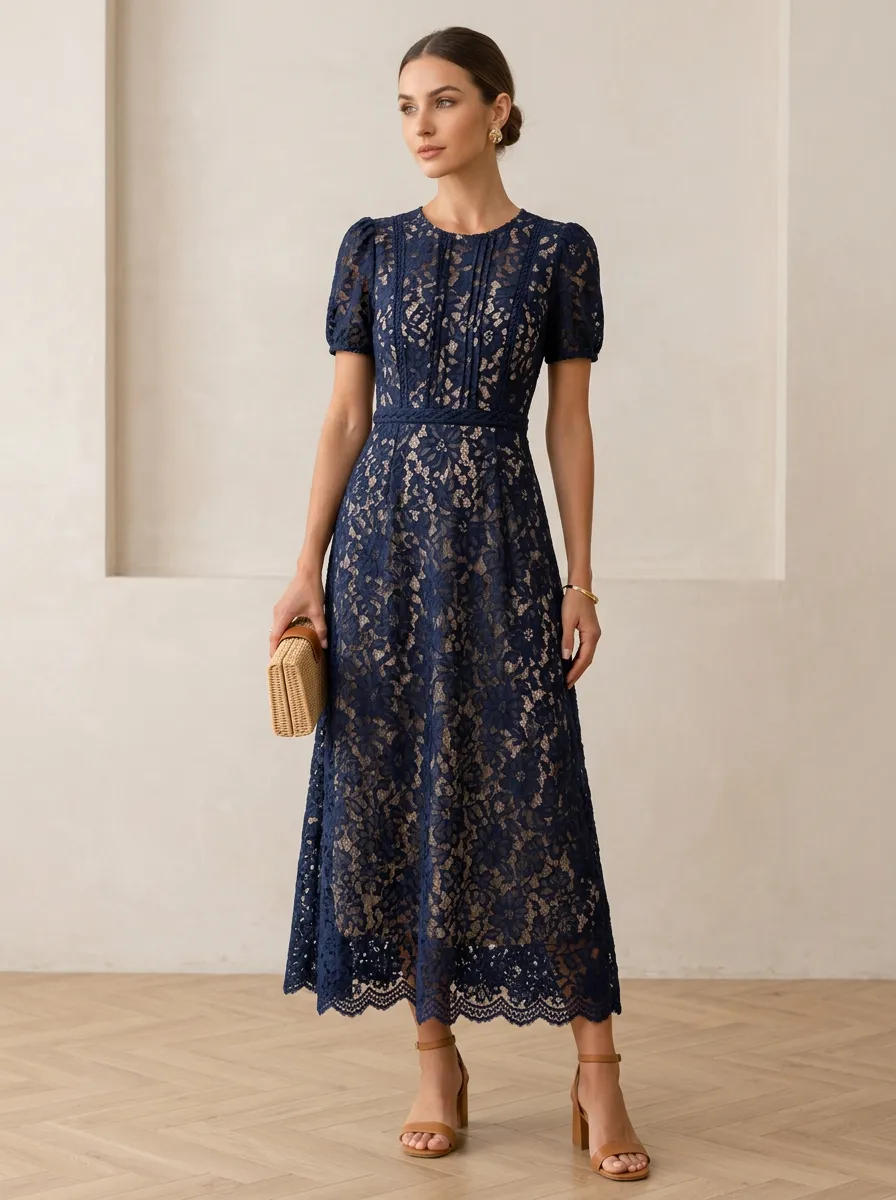Women's Elegant Navy Blue Floral Lace Printed Midi Dress