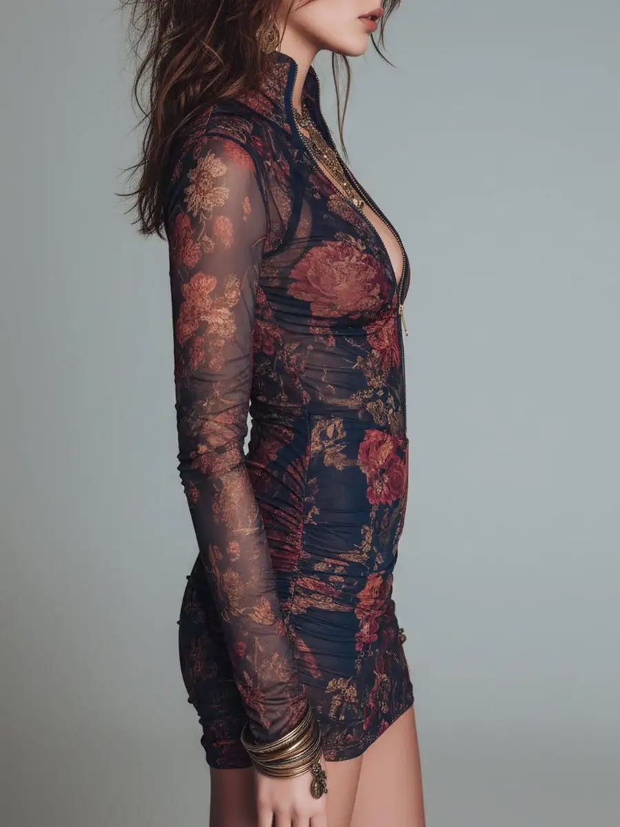 Quiet Luxury Floral Print Front-Zip Mesh Mini Dress
