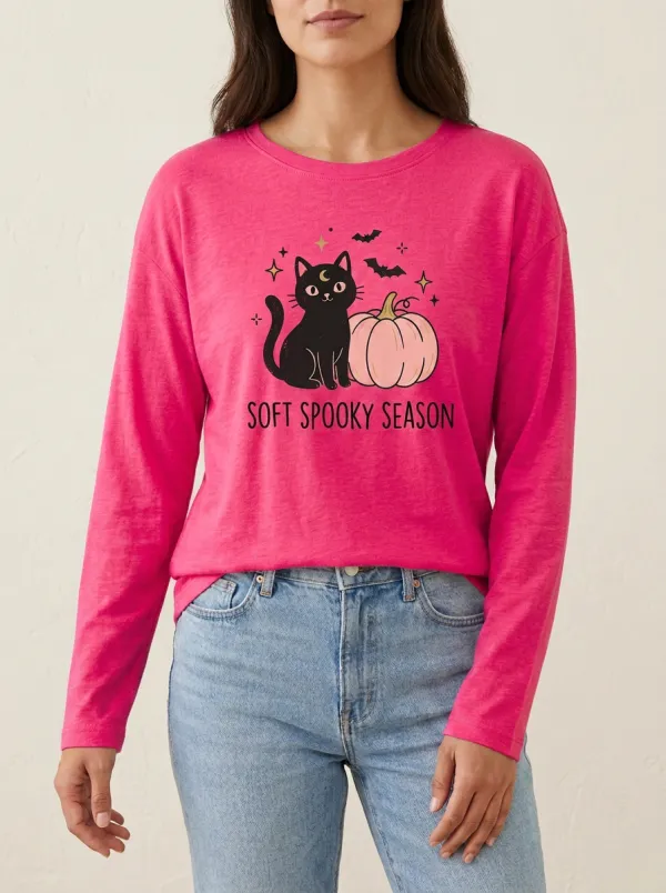 Ghost-Club Pumpkin Cat Halloween Cotton Linen Long Sleeve Top