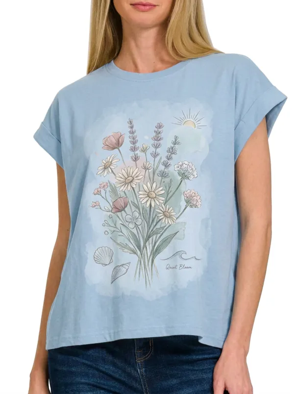 Women's Floral Beach Nature Lover Wildflower Seashell Printed T-shirt