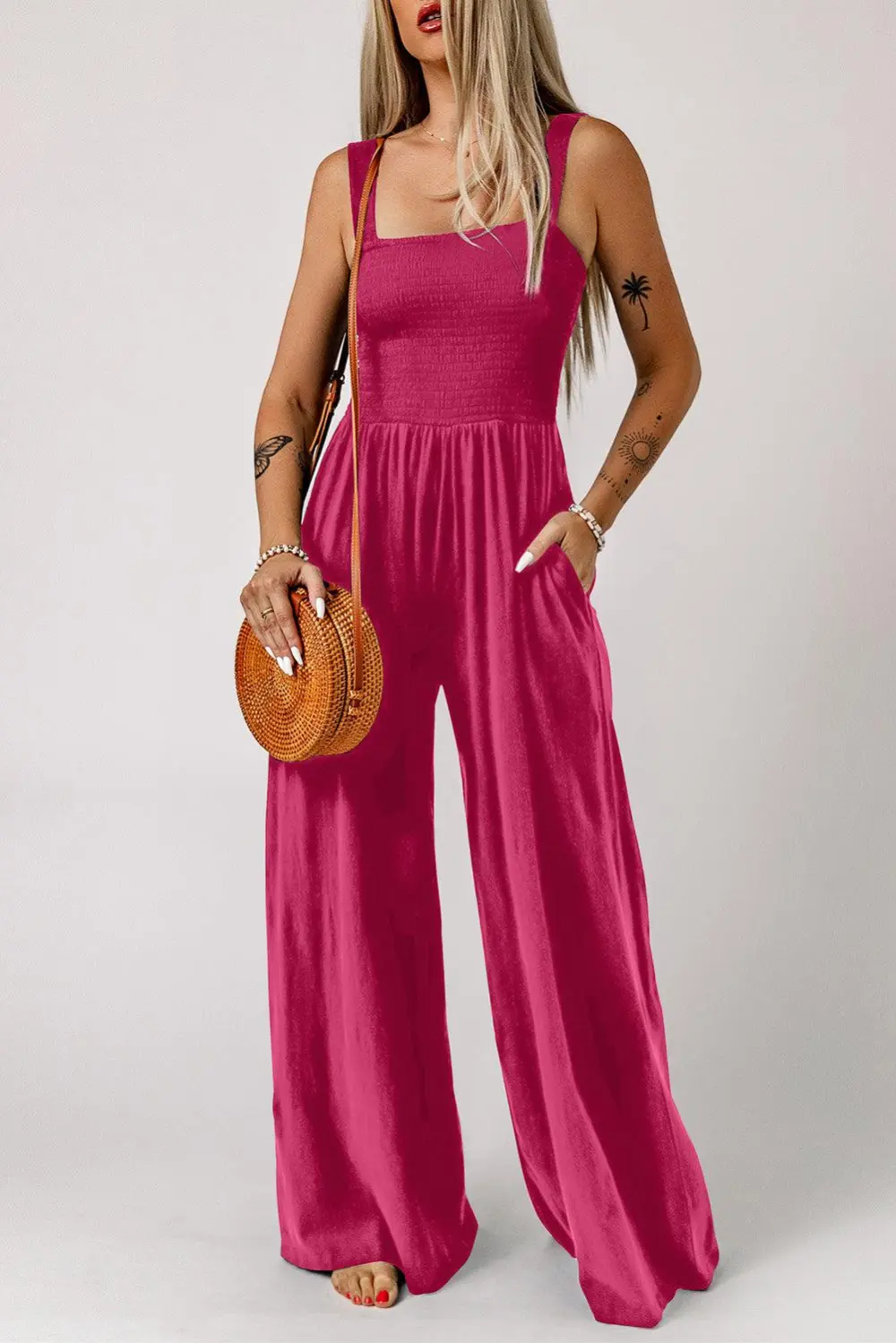Smocked Square Neck Wide Leg Pockets Jumpsuit