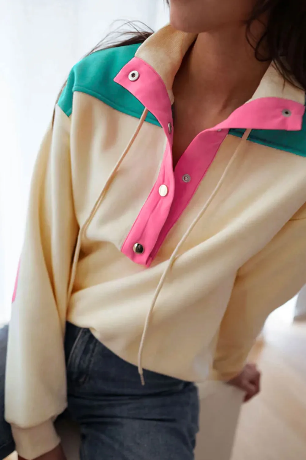 Color Block Elbow Patch Half Button Sweatshirt