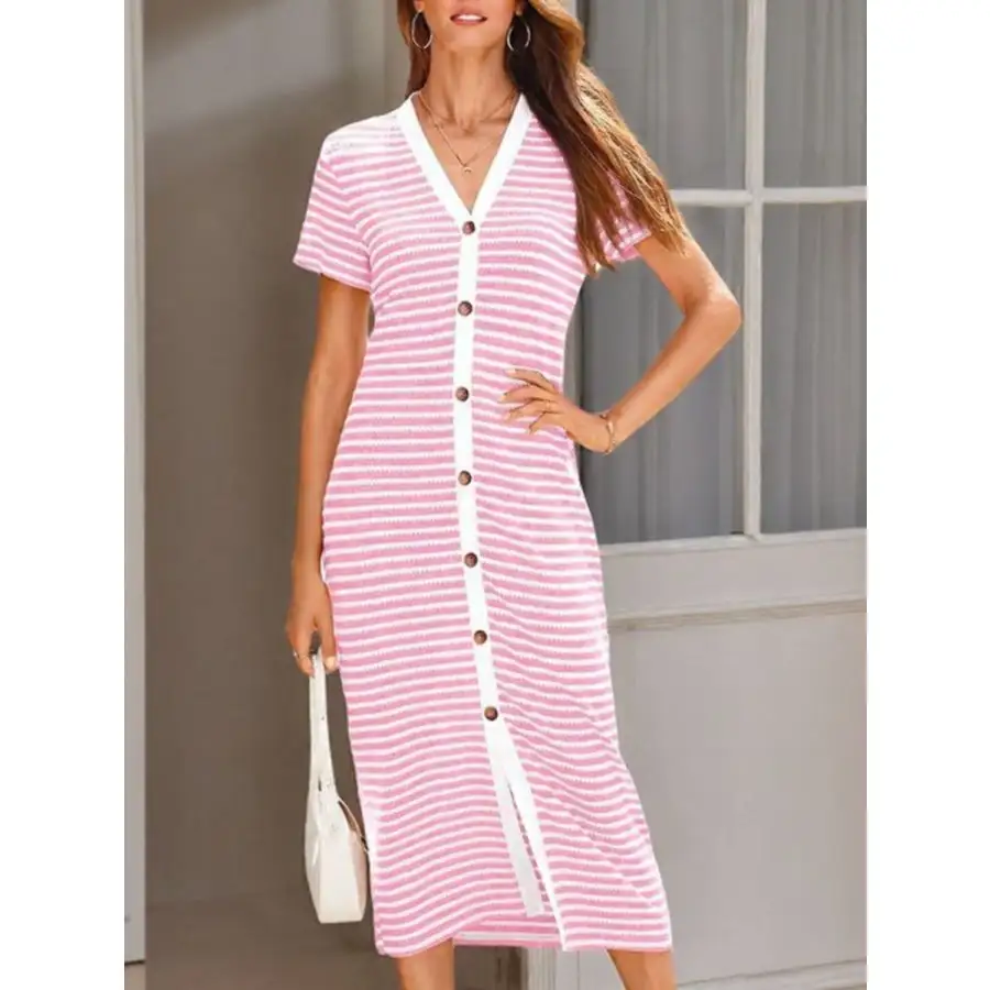 Contrast V-Neck Short Sleeve Midi Dress