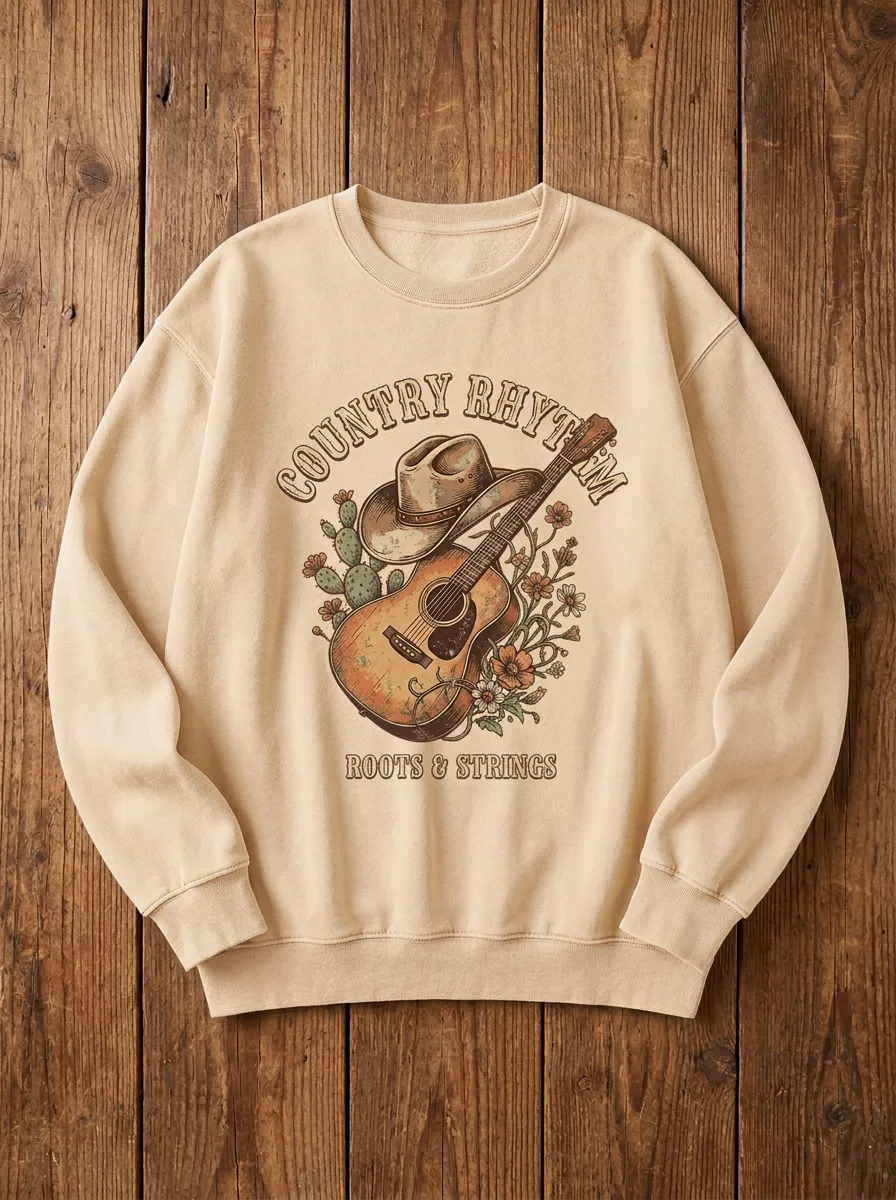 Guitar Cowboy-Hat Unisex Country Music Crewneck Sweatshirt
