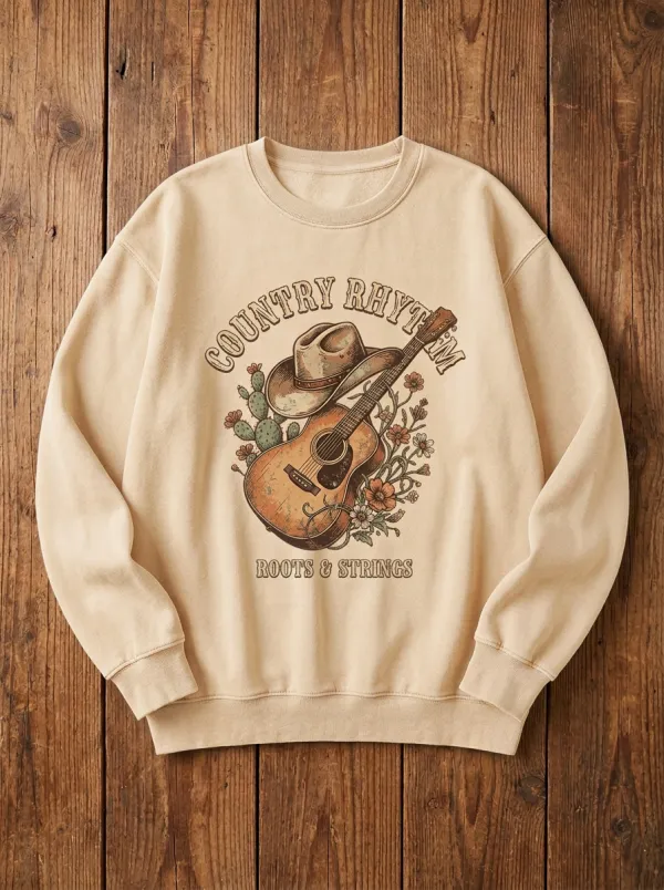 Guitar Cowboy-Hat Unisex Country Music Crewneck Sweatshirt