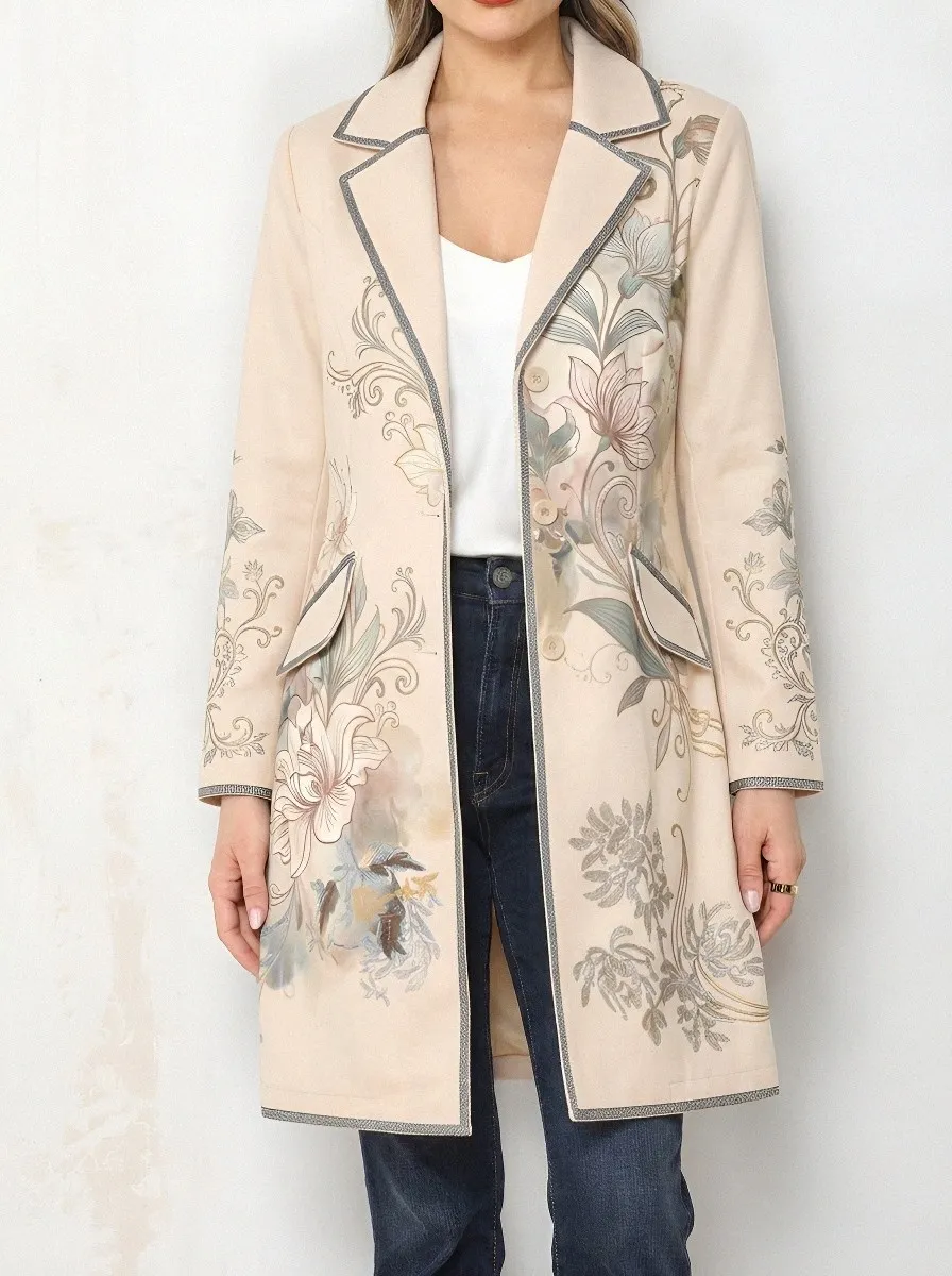 Women's Floral Art Vintage Style Printed Long Blazer