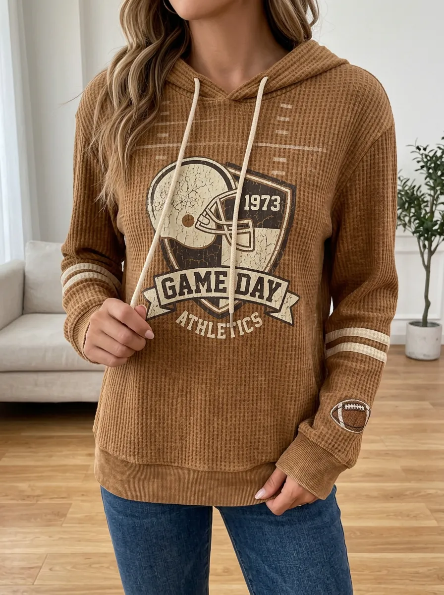 Women's Football Game Day 1973 Helmet Printed Waffle Hoodie