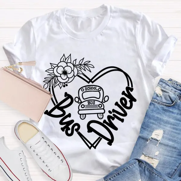 School Bus Driver Flower Heart And School Bus T-Shirt