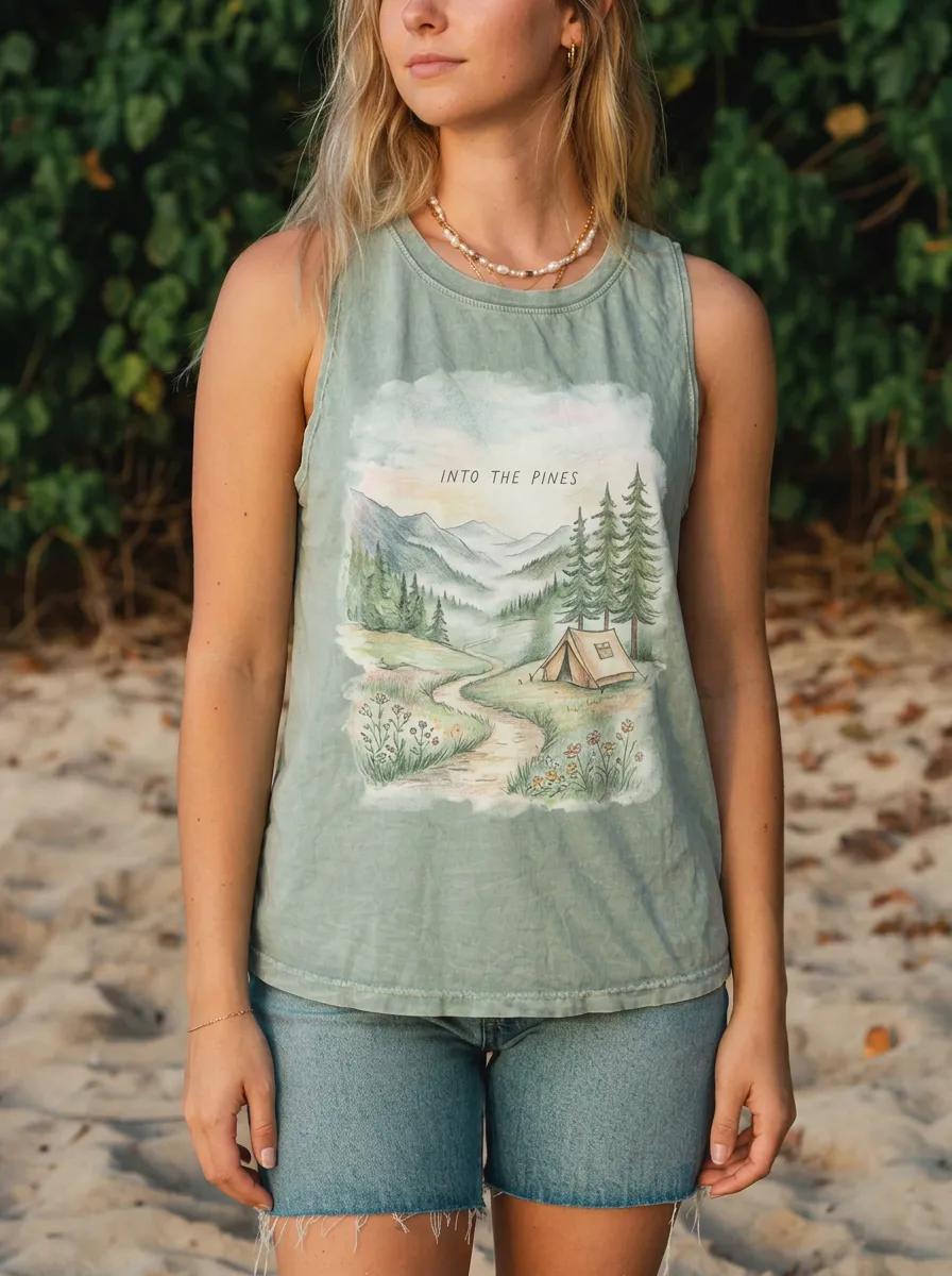 Women's Camping Lover Into The Pines Mountain Printed Tank Top