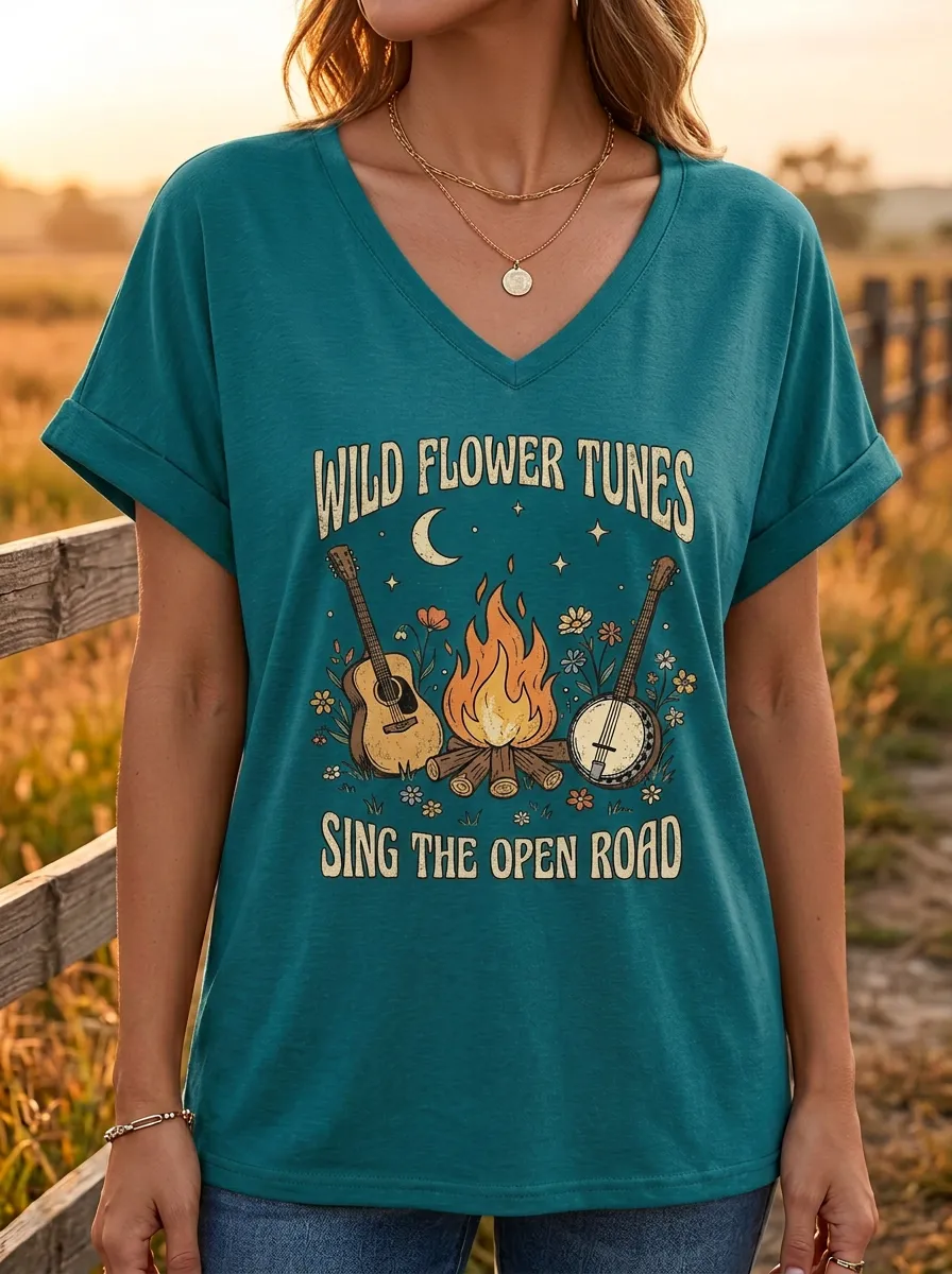 Western Guitar Banjo Women's Country Music V-Neck T-Shirt