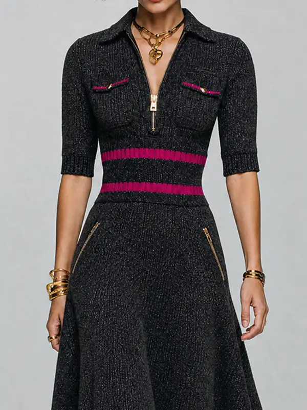 Vintage Zip Polo Collar Knit Midi Dress