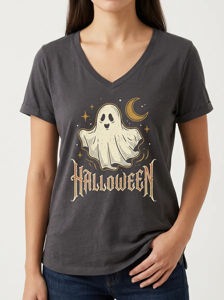Women's Halloween Ghost Moon Stars Printed V-neck T-shirt