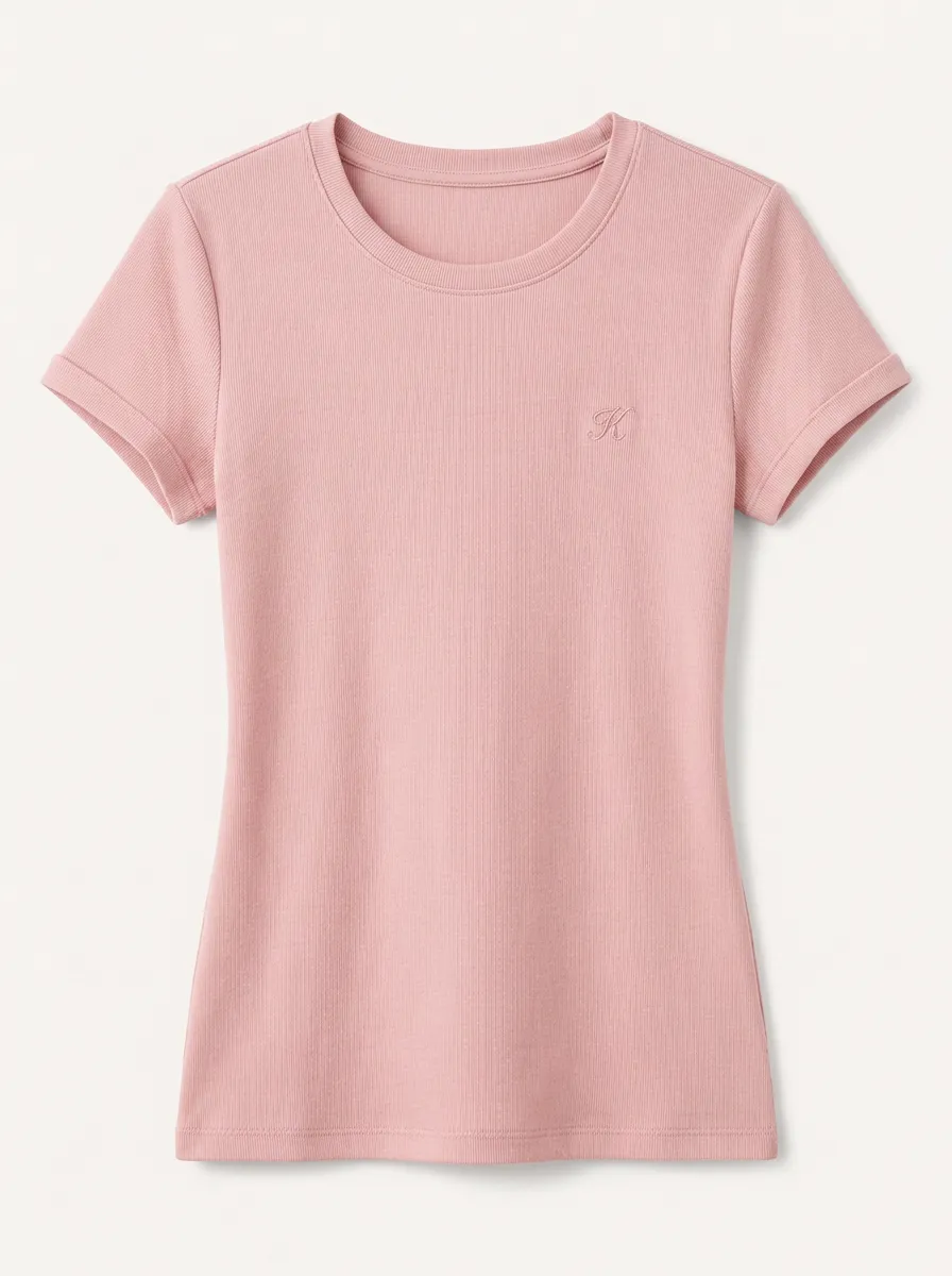 Women's Pink Ribbed Knit K-Letter Embroidered T-shirt