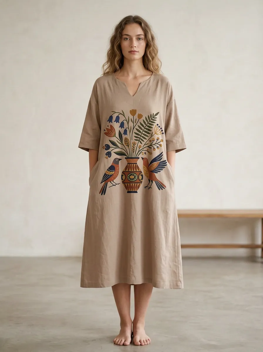 Nature Lover Bird And Floral Vase Dress