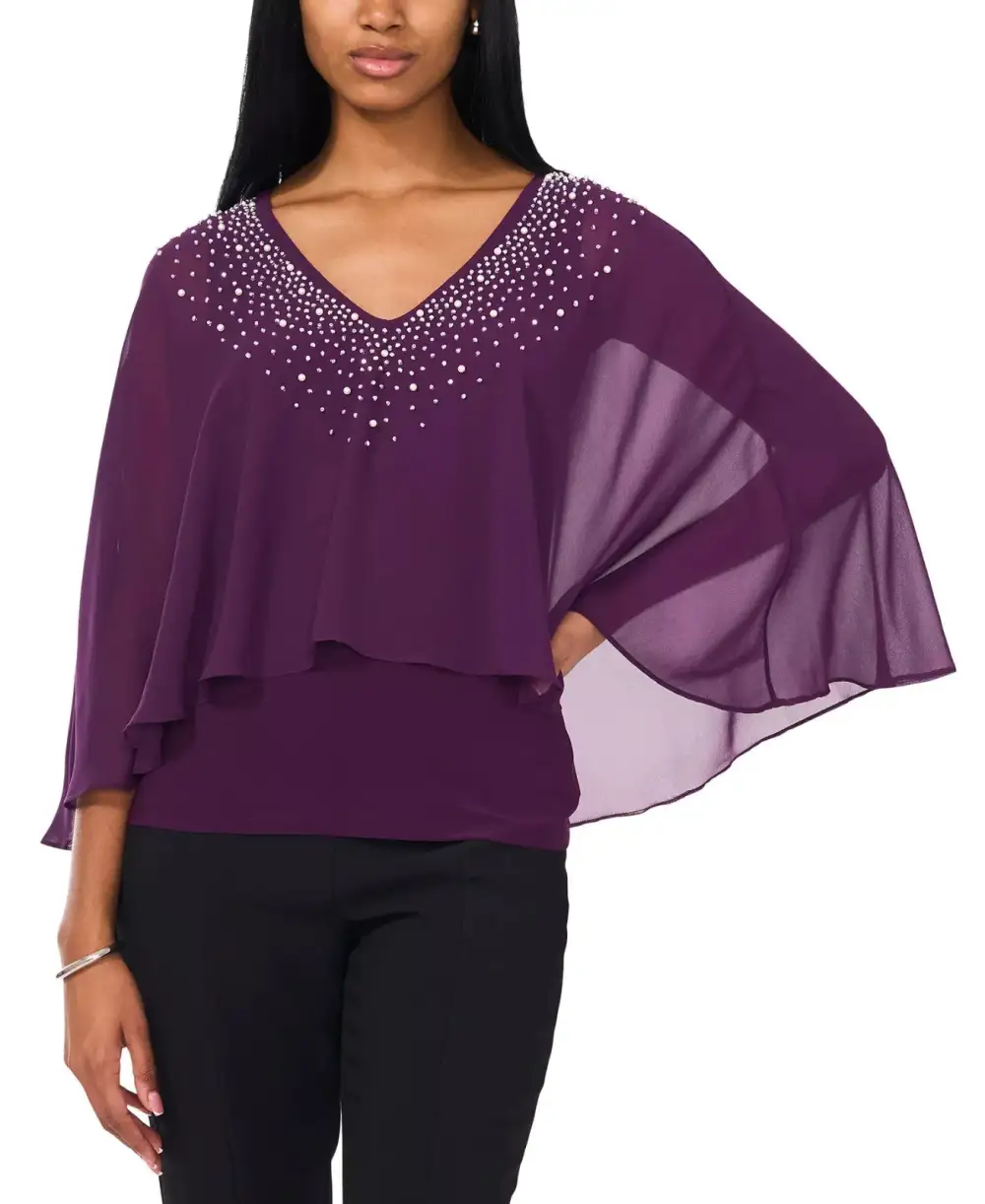 Embellished Chiffon V Neck Overlay Top