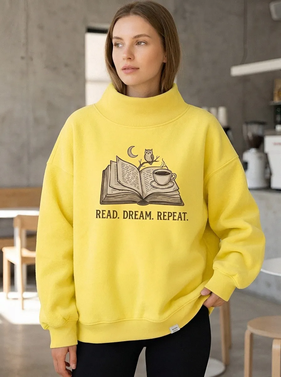 Women's Book Lover Read Dream Repeat Owl Coffee Printed Sweatshirt