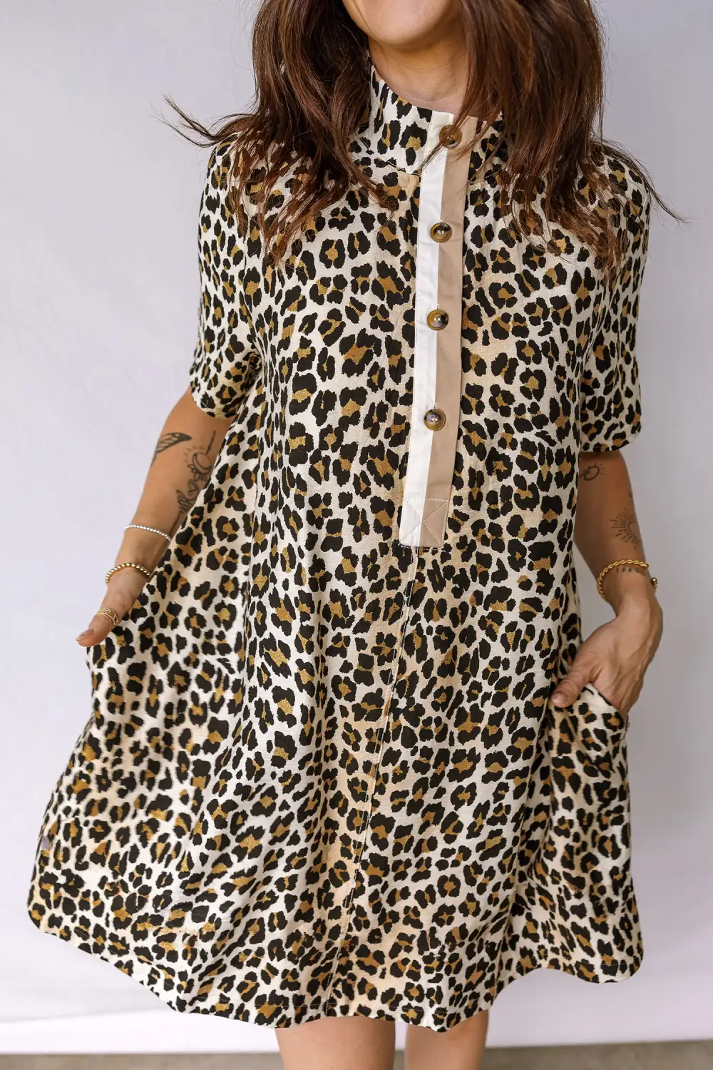 Playful Animal Print Button Front Pocket Detail Mini Dress