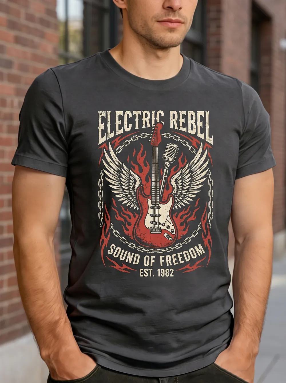 Men's Rock Music Electric Guitar Wings Printed T-shirt