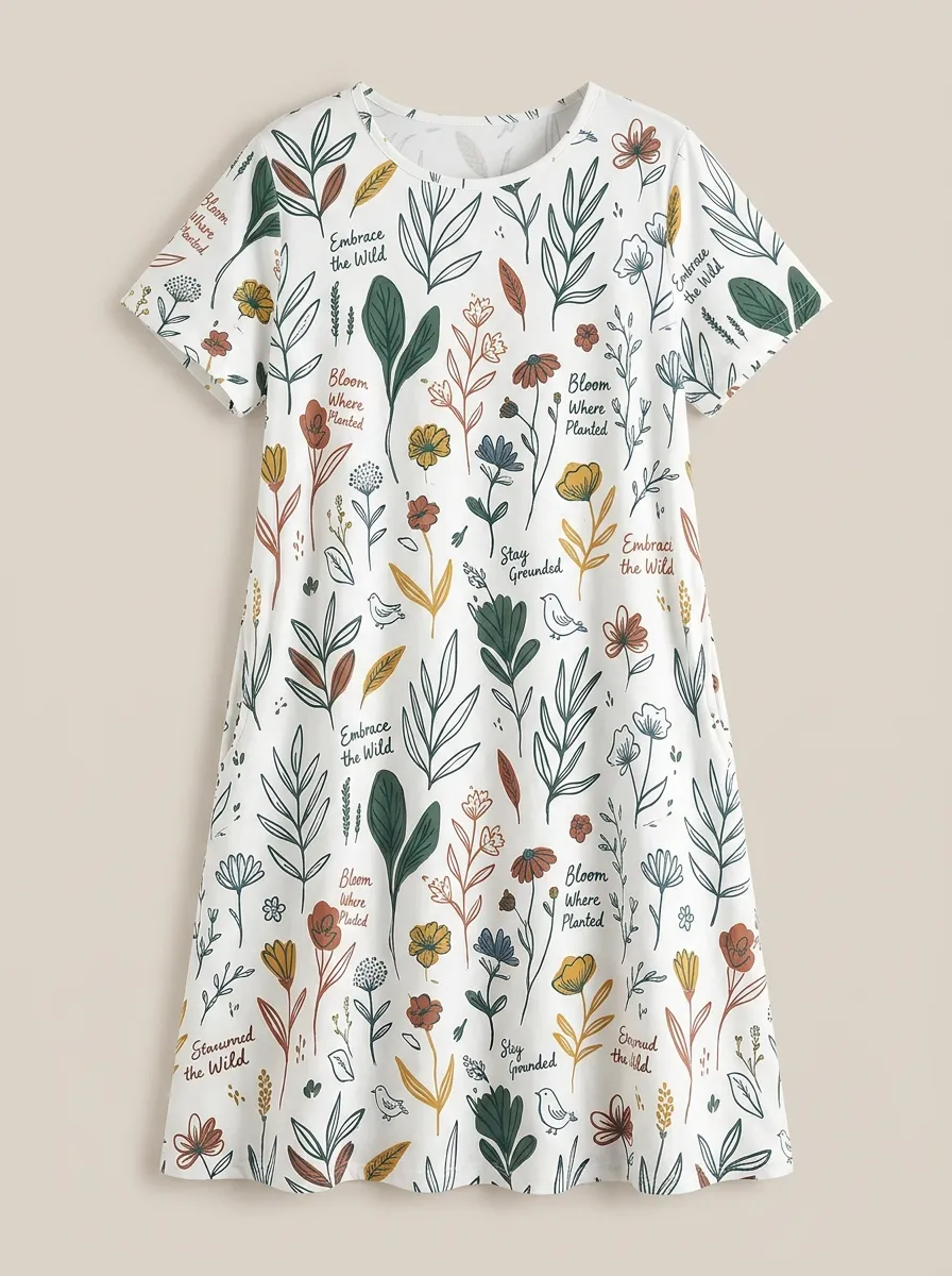 Botanical Nature Quote Floral T-Shirt Dress