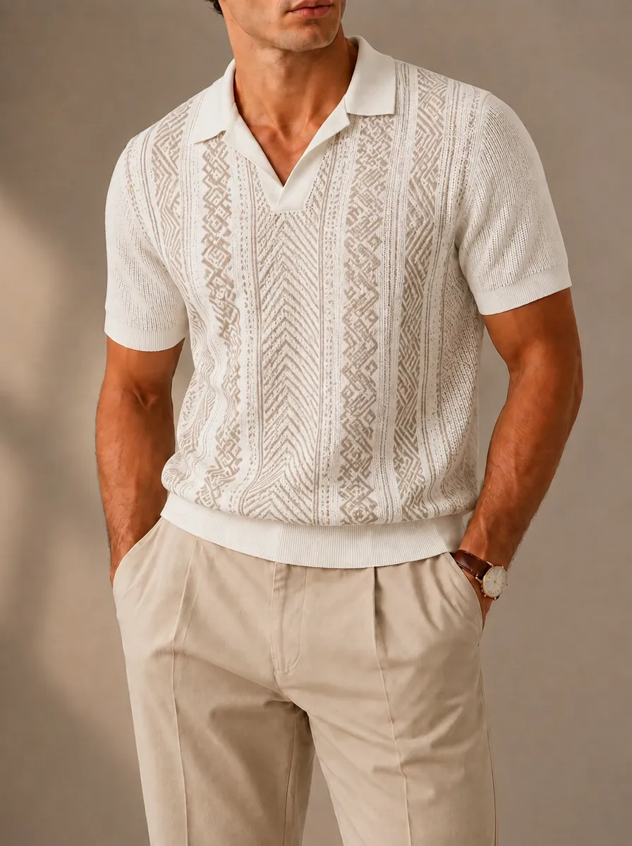 Men's Geometric Pattern Knit Polo Shirt with Chevron Pattern
