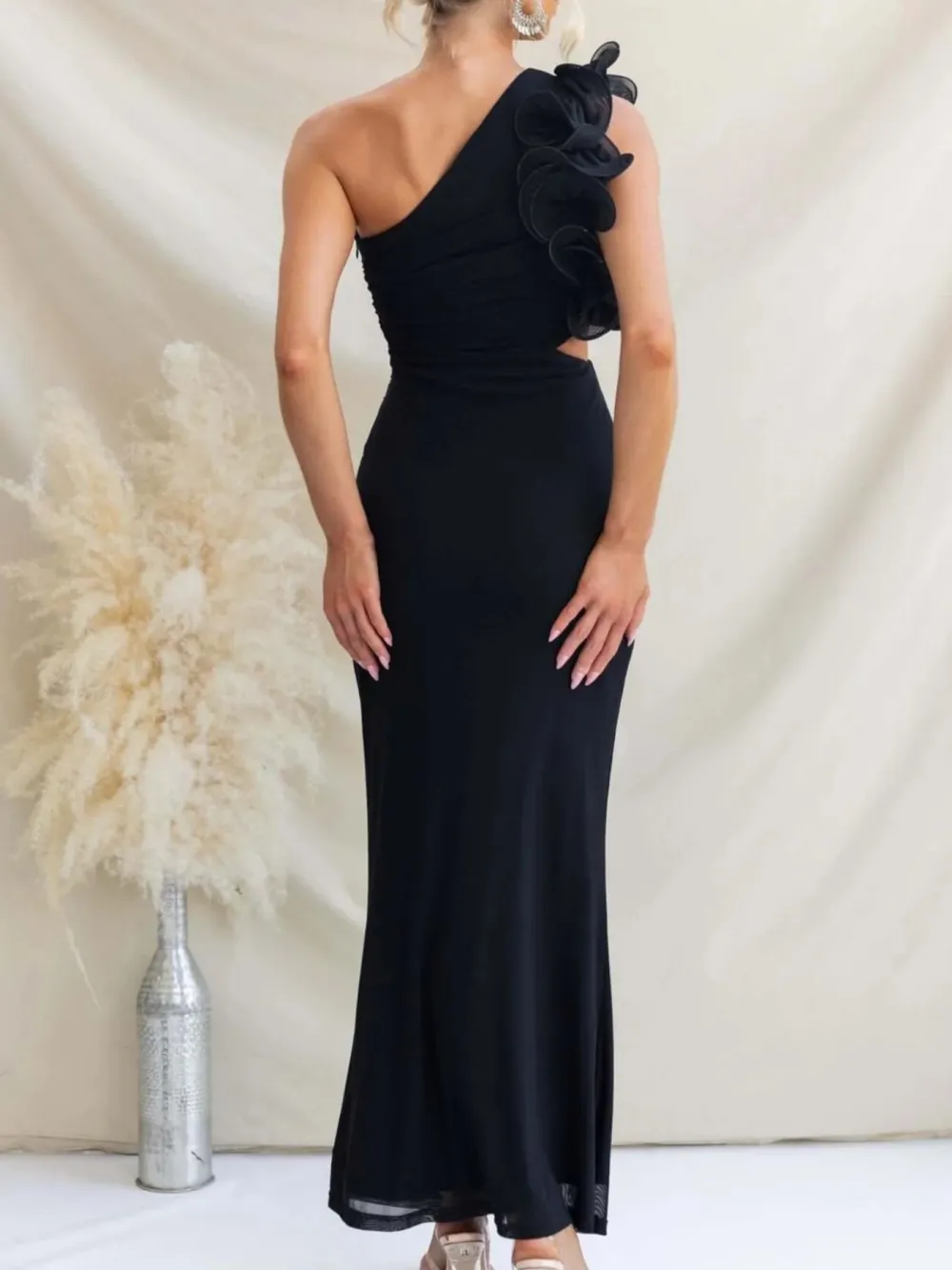 Ruched One-Shoulder Sleeveless Floral Maxi Dress