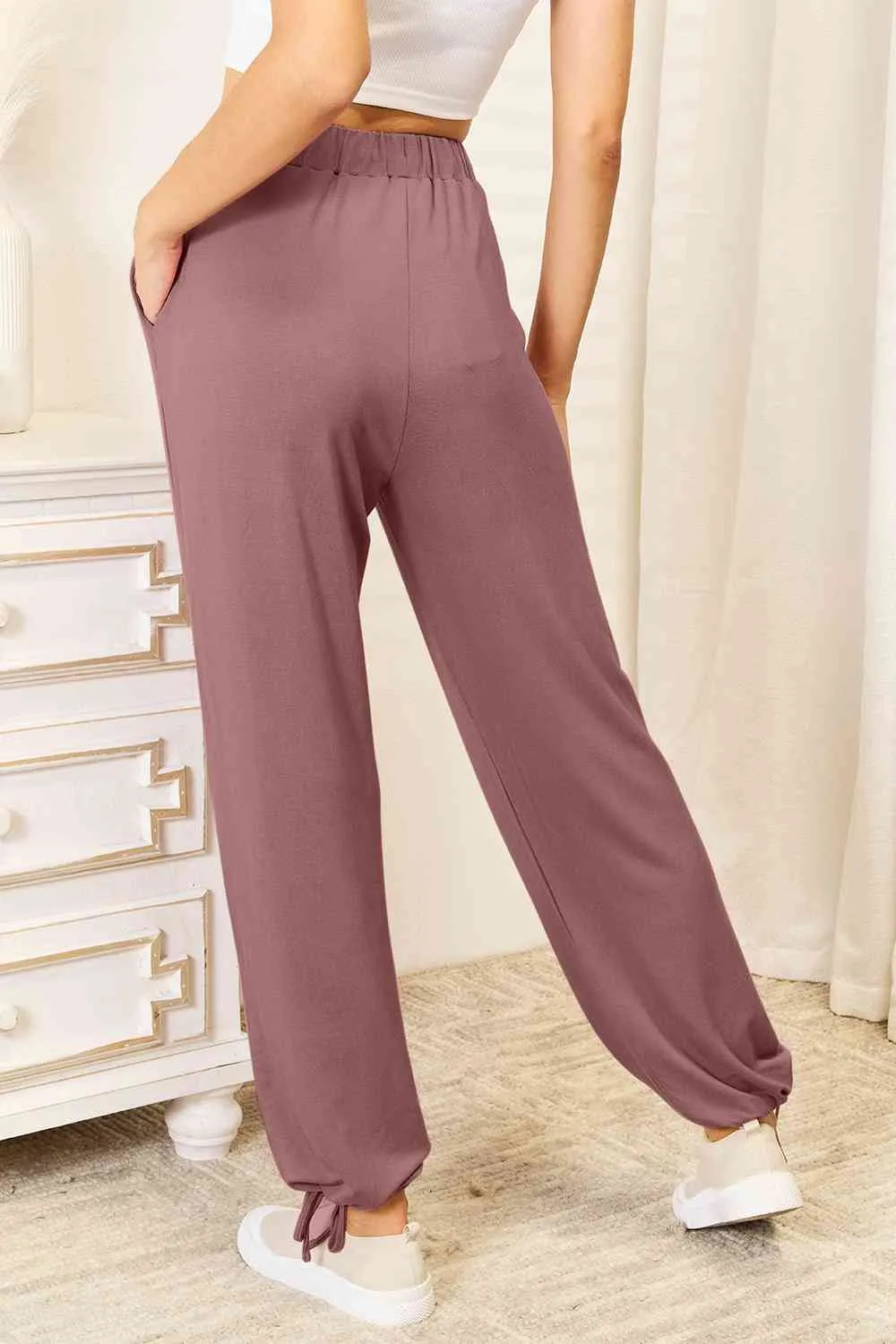Full Size Soft Rayon Drawstring Waist Pants With Pocket