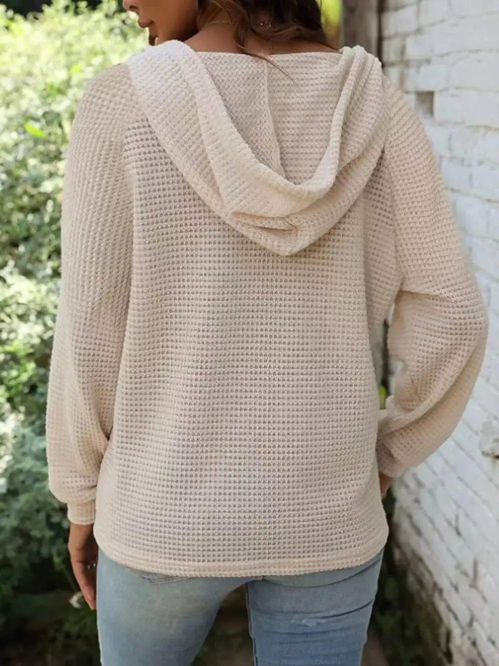 Drawstring Buttoned Pocketed Waffle-Textured Hoodie