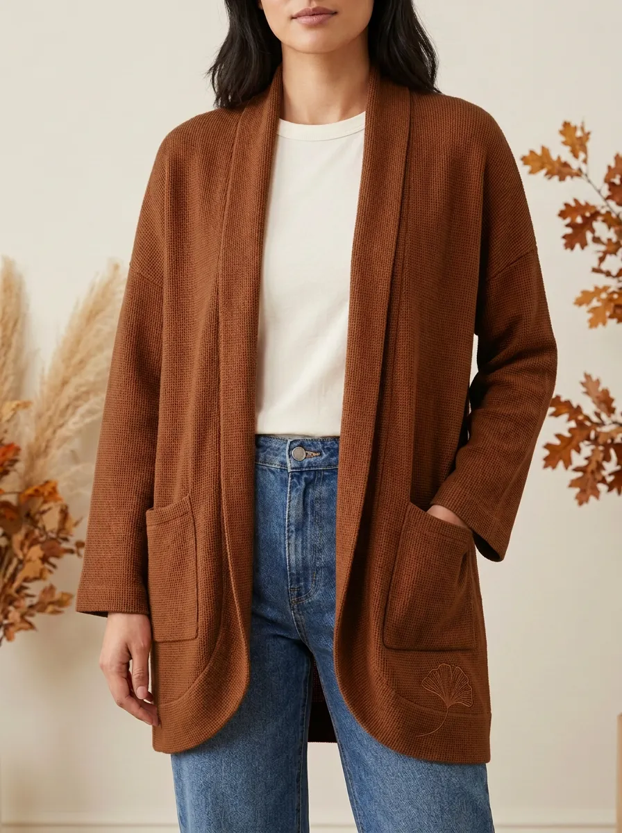 Classic Ginkgo-Leaf Embroidered Leaf-Motif Knit Cardigan
