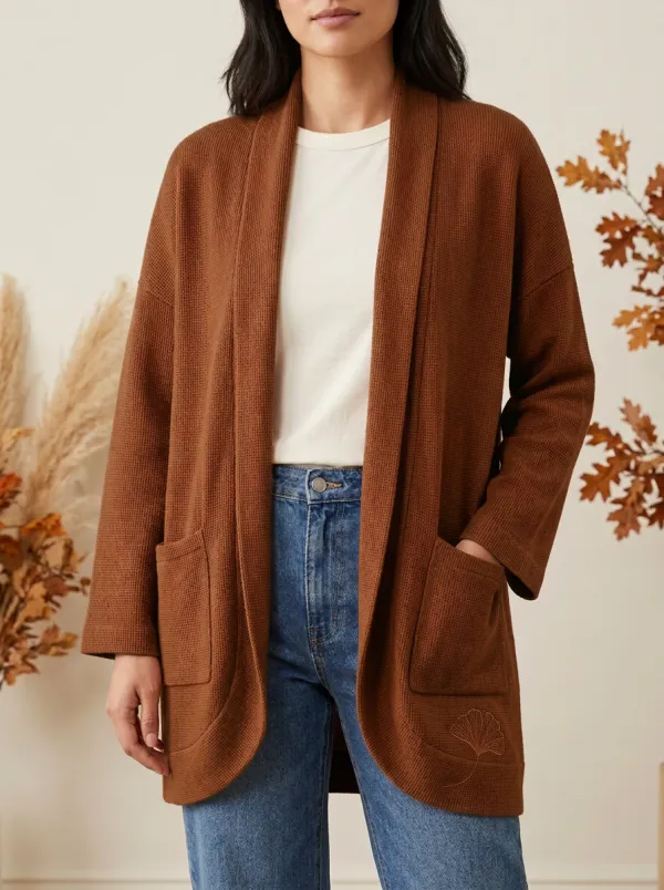 Classic Ginkgo-Leaf Embroidered Leaf-Motif Knit Cardigan