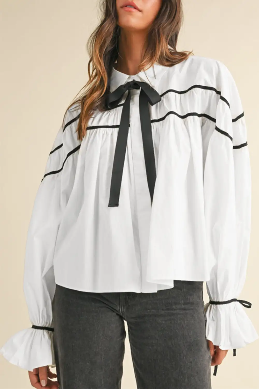 Striped Ruffled Bow Detail Shirt Blouse